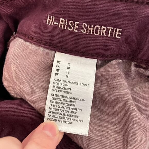 AMERICAN EAGLE Super Stretch Hi-Rise Shortie Burgundy Maroon Red Raw Hem Shorts - Picture 8 of 15